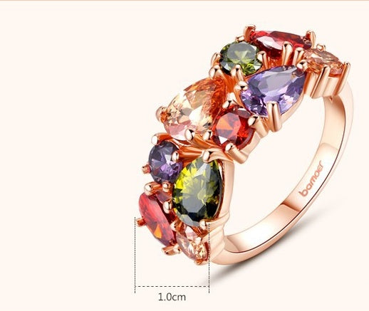 Detailed view of colorful zircon ring with 1.0cm width, featuring multicolor AAA zircon stones on 18k gold-plated copper band.