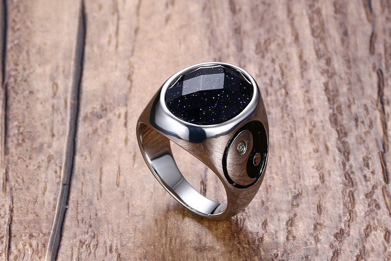 Men's trendy titanium steel ring with black gemstone and yin-yang side detail. Durable and stylish design for modern fashion.