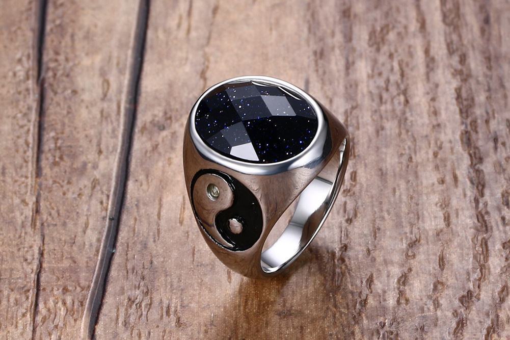 Men's Rings - Trendy Titanium Steel with black gemstone and yin-yang side detail. Durable & stylish accessory for modern fashion.