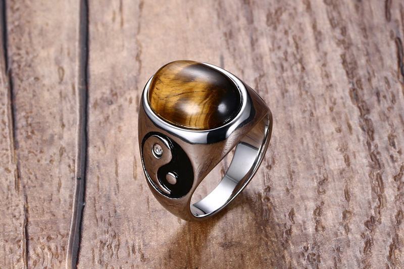 Men's Rings - Trendy Titanium Steel with tiger eye stone and yin-yang design. Durable and stylish accessory for modern fashion.