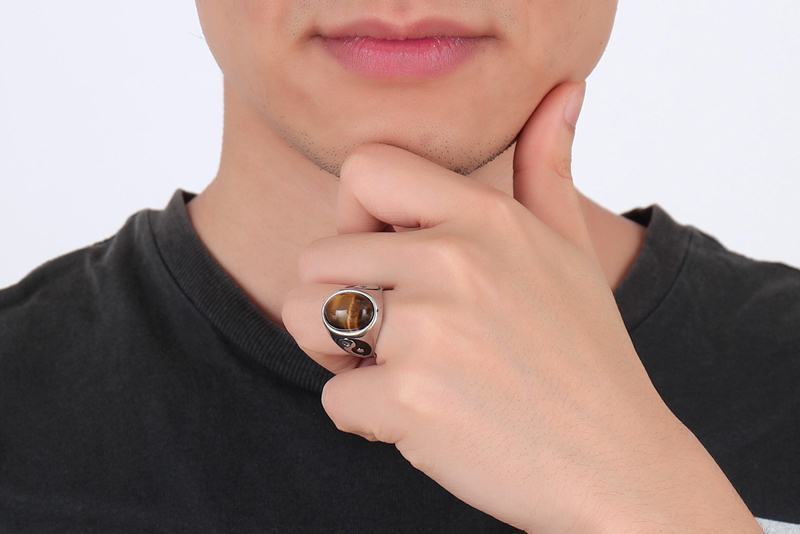 Men's Rings - Trendy Titanium Steel design featuring a polished tiger eye stone. Durable and stylish accessory for modern fashion looks.
