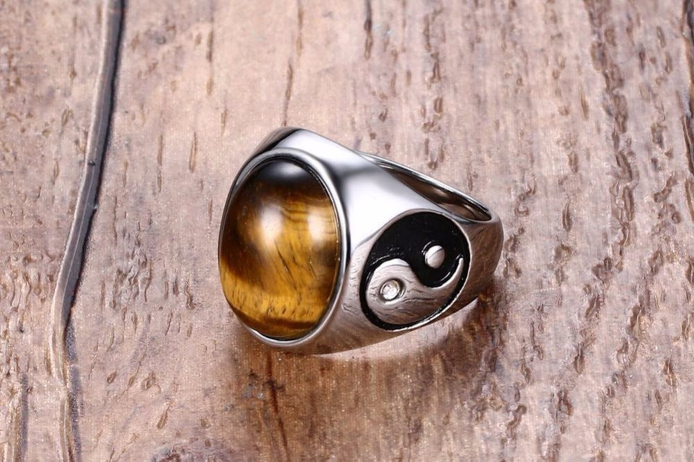 Men's Rings - Trendy Titanium Steel with tiger eye gemstone and yin-yang symbol. Durable & stylish design for modern fashion accessories.