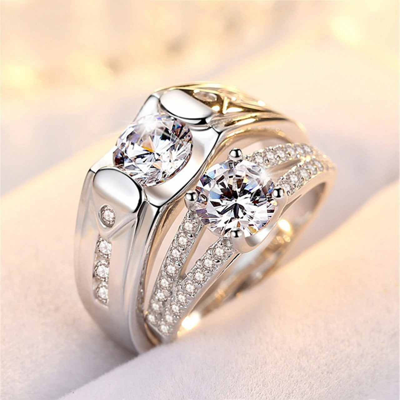 Diamond Romantic Couple Rings Men's Silver Plated Pair Rings
